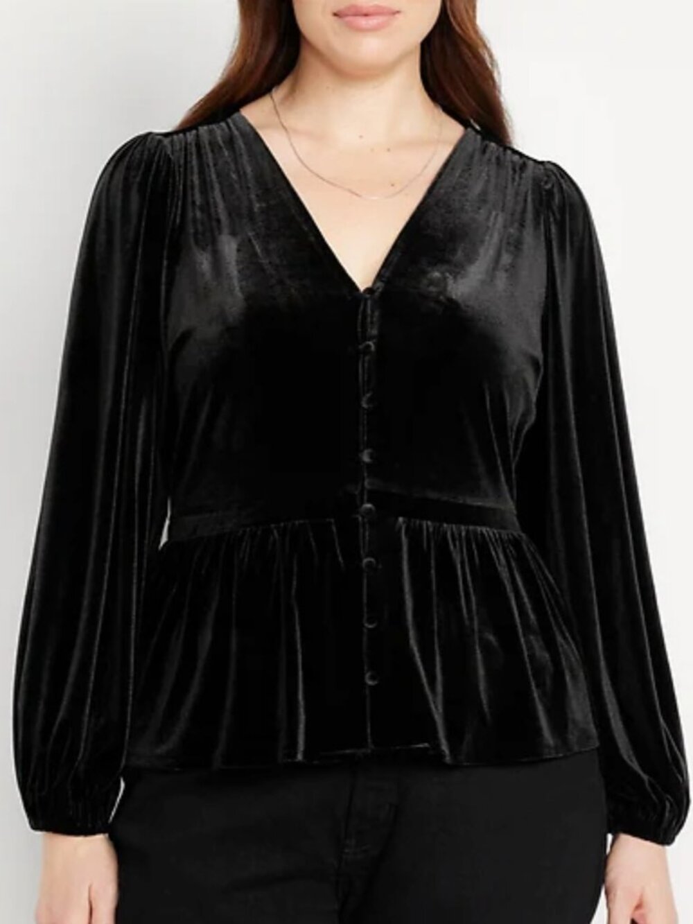 Old Navy Black Velvet Top Large Button Front Ruffle Hem Victorian Holiday Party